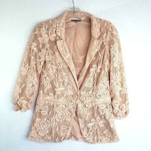 Charlotte Russe Lace Blazer Womens Small Peach Ruched Sleeve Button Front Jacket